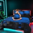 thumbnail image 3 of Manfei 3D Cube Neon Light Queen Bedding, Blue Gradient Stripe Bedding Comforter Set Queen, Blue Black, Black Reversible 7pcs, 3 of 6