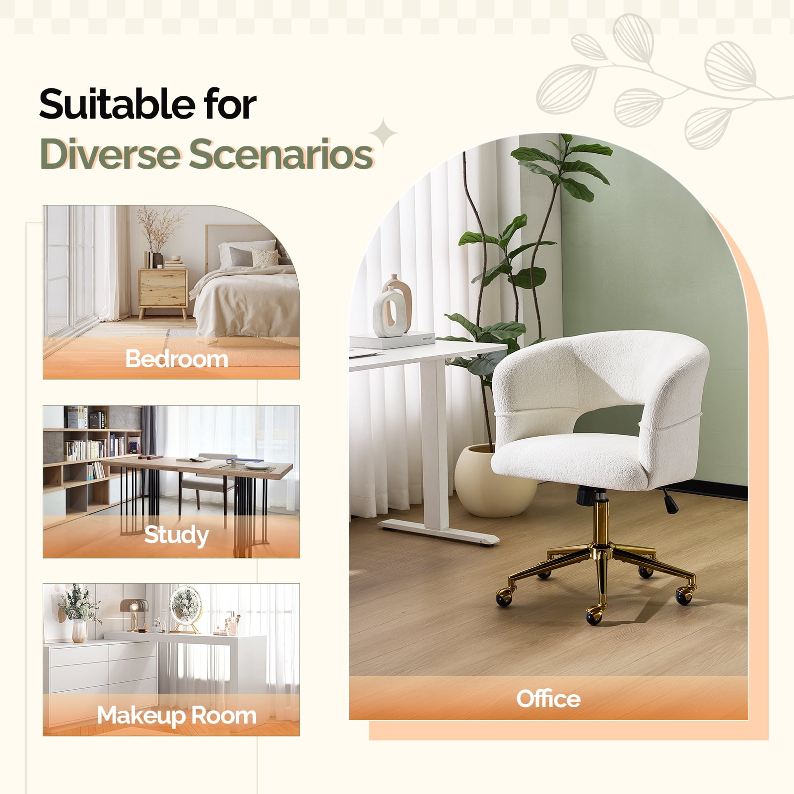 UBesGoo Modern Swivel Accent Chair, Flannel Makeup Vanity Chair, Highly Adjustable Desk Chair for Living Room Dorm Office, White