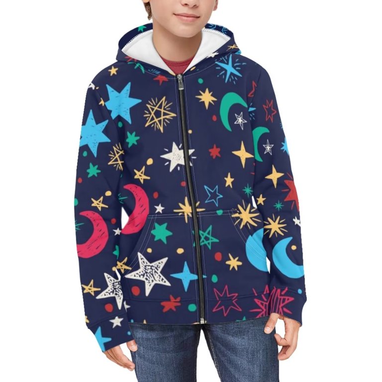 NETILGEN Stars Moon Print Full Zip Hoodie Y2K Sportswear Zipper