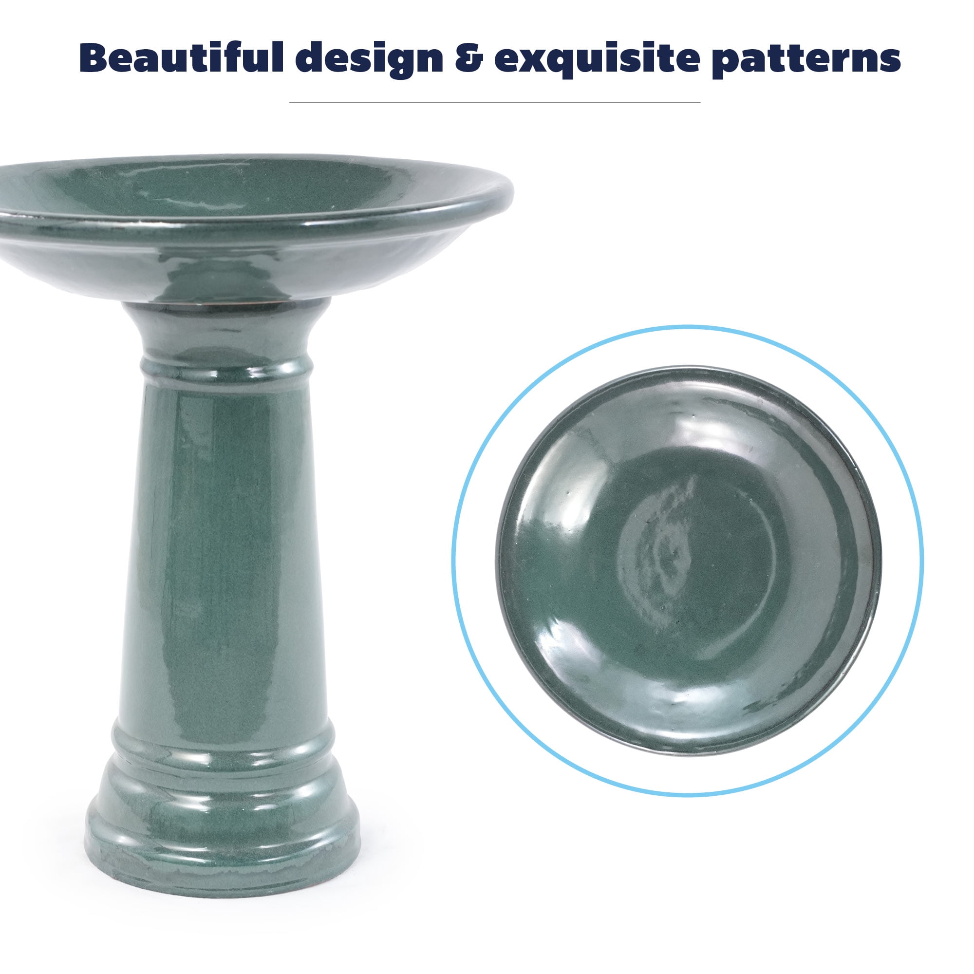 Ceramic Pedestal Bird Bath for Outdoor Garden, 12.4 Inch Diameter Vintage Forest Green Birdbath, Tall Backyard Patio Wild Bird Water Feeder Yard Decor