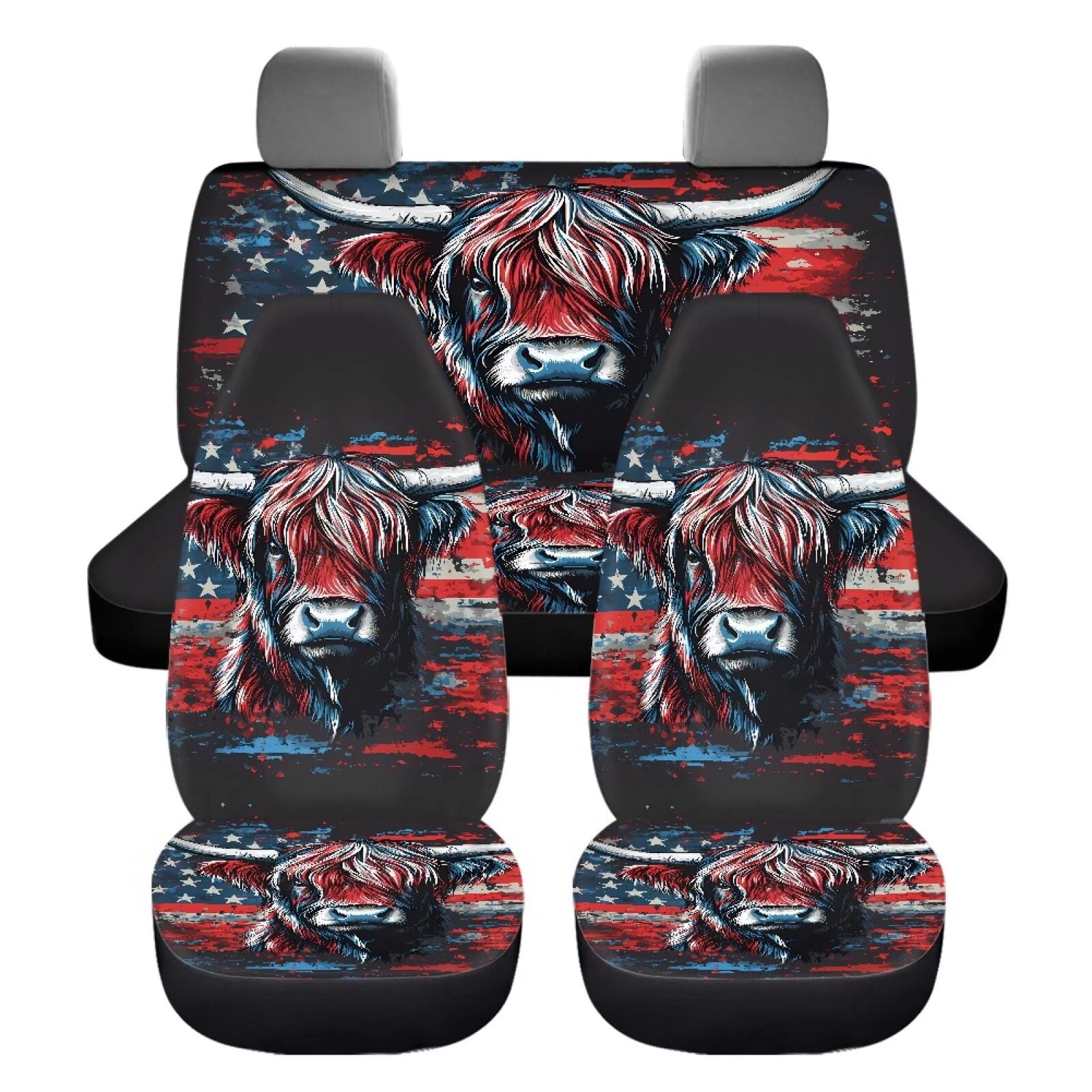 Pzuqiu American Flag Highland Cow Automotive Seat Covers Seat Cover Sets Fashion Full Car Interiors 4 Seats Car Seat Protector Automotive Vehicle Cushion Print for Cars Truck Universal Fit Set