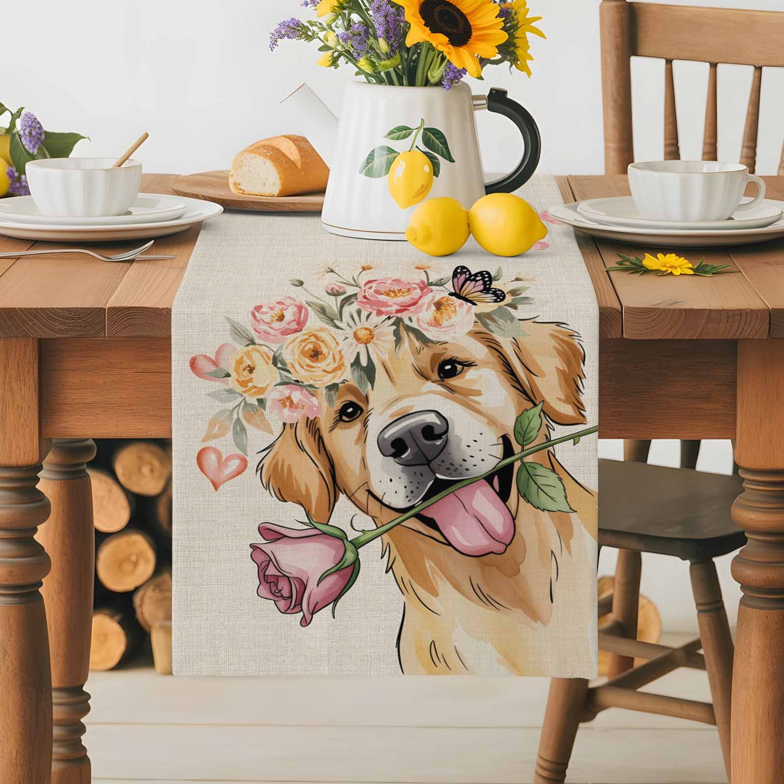 Valentine's Day Dog Table Runner, Rose Golden Retriever Red Love Heart Linen Texture Washable Cotton-linen Table Runners Dining Kitchen Decoration for Everyday Home Wedding Party Decor, 13 x 90 Inch