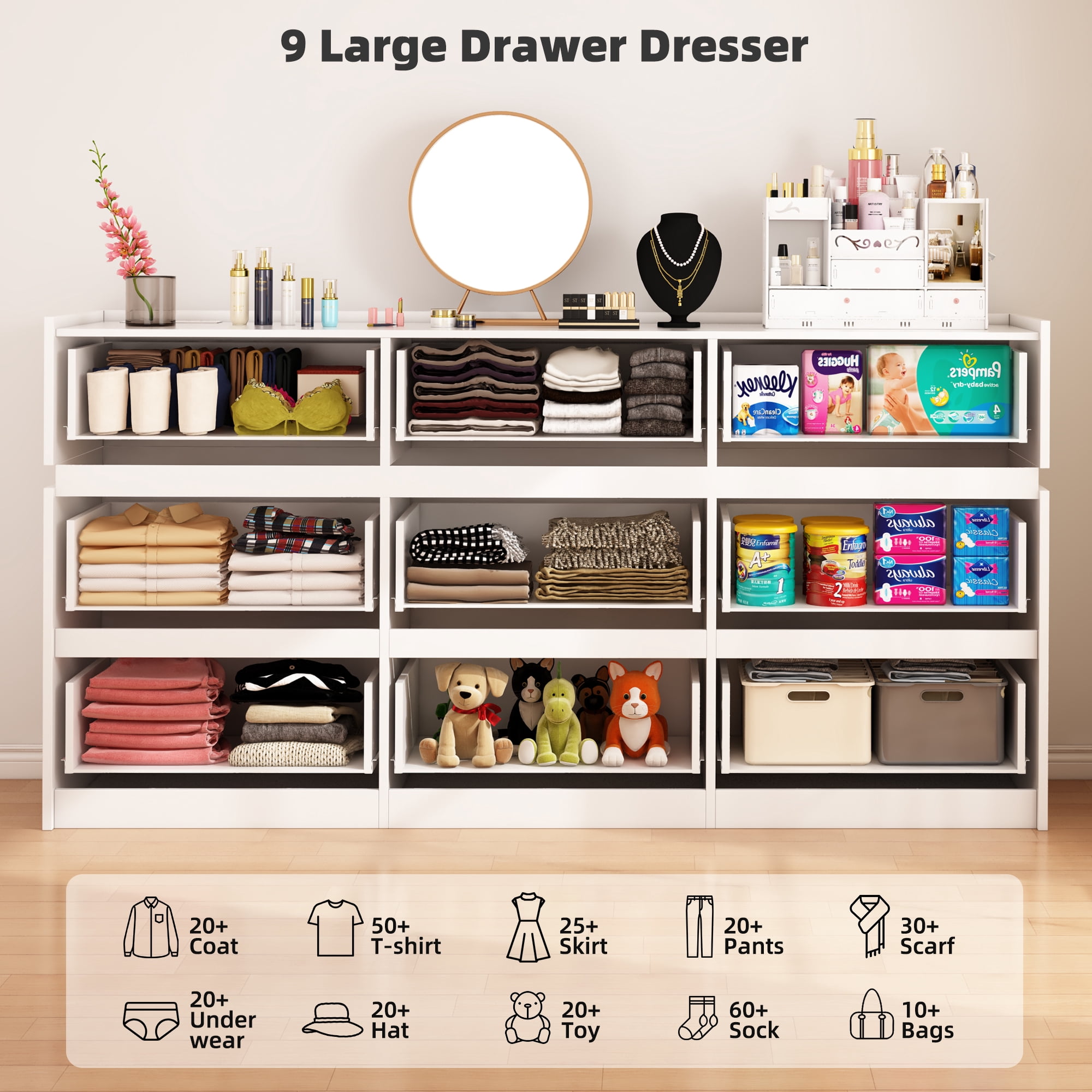 HAUXITIO 9 Drawer Dresser Chest with Charging Station and LED Lights for Bedroom, Modern TV Stand Cabinet, White