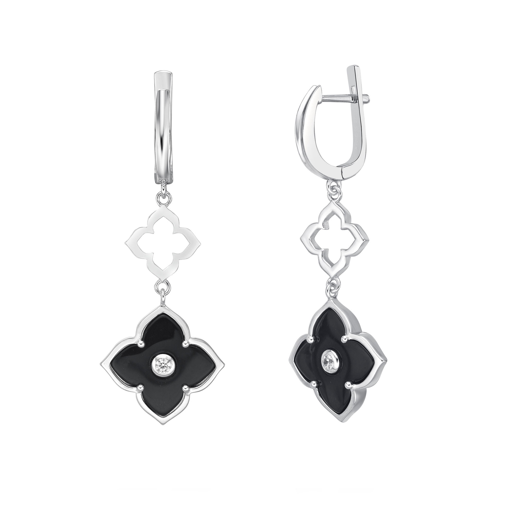 Black Onyx Flower Dangling Drop Earrings for Women in 925 Sterling Silver with Hinged Back by Lavari Jewelers