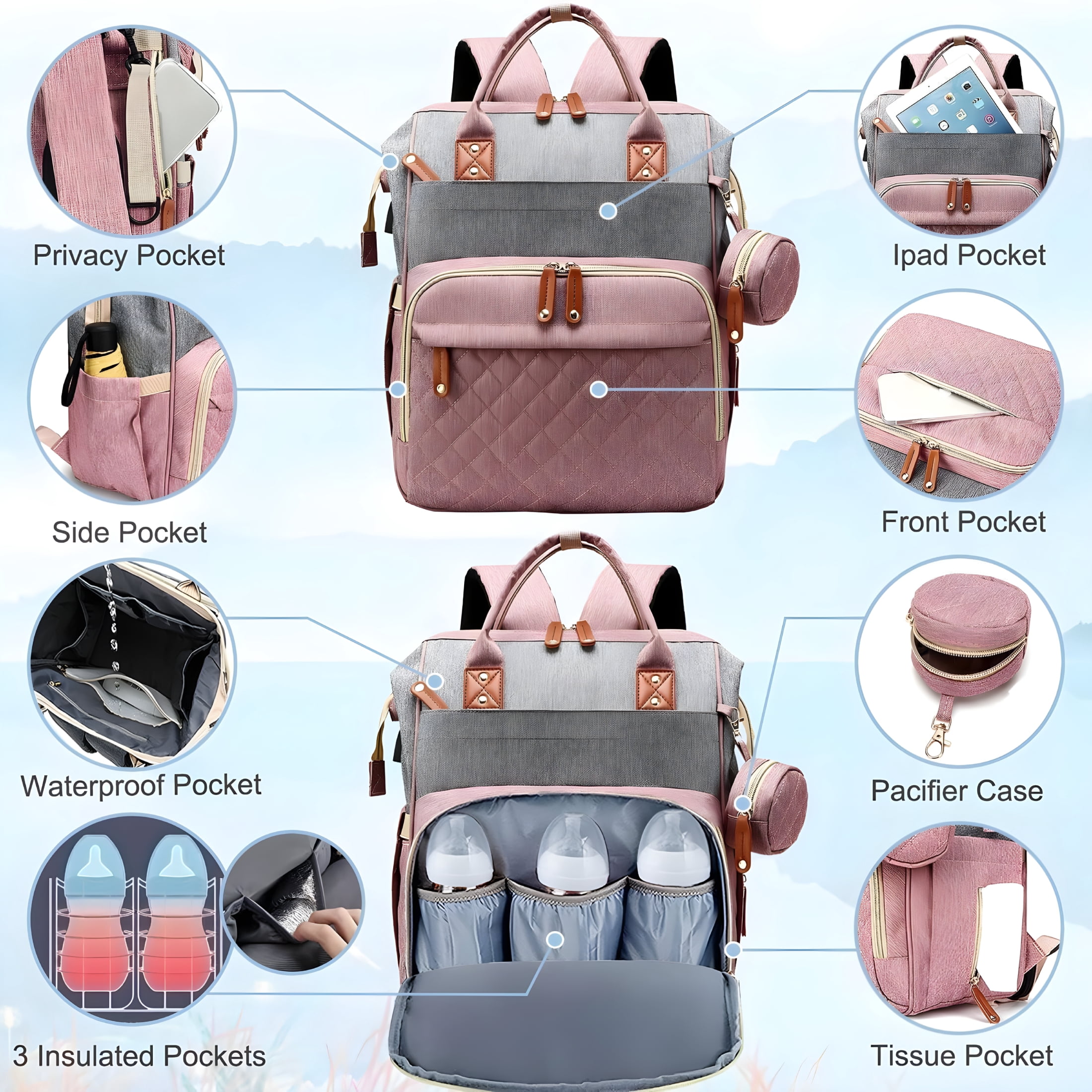 GASTROPOD 2026 New Baby Diaper Bag Backpack,Multifunction Waterproof Baby Bag with Usb Charging Port,Stroller Straps and Pacifier Case Unisex for Travel,Stroller,Daycare,Park,Shopping Pink