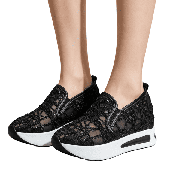 Willtoo Women's Lace Mesh Slip On Platform Sneakers, Arch Support Wedge Lightweight Walking Shoes, Chunky Sole Breathable Non-Slip Shoes Mesh Casual Loafers