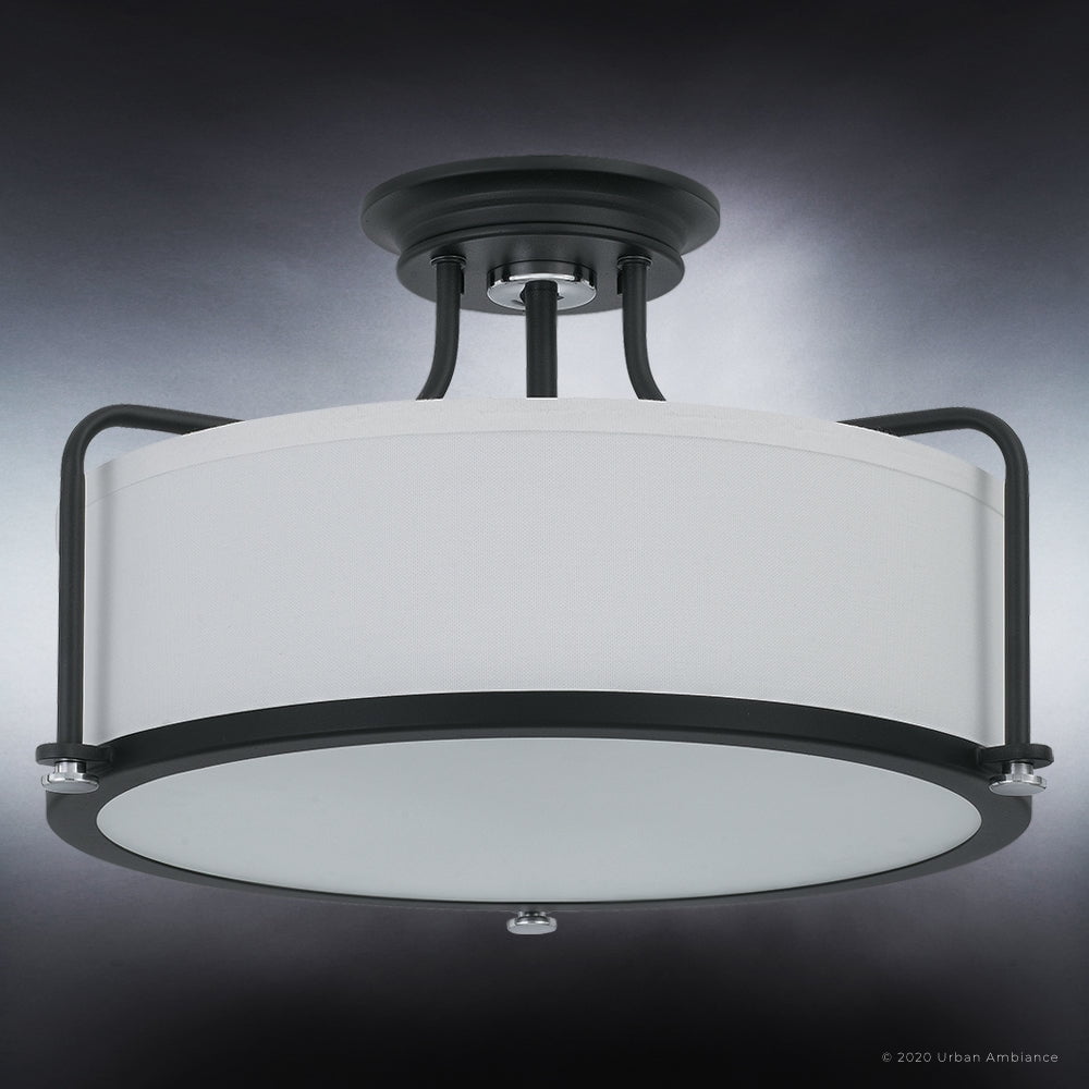 Luxury Minimalist Indoor Ceiling Light, 10.50''H x 17.50''W, with Modern Style Elements, Art Deco Design, Natural Black Finish and Eggshell Fabric, UQL3771