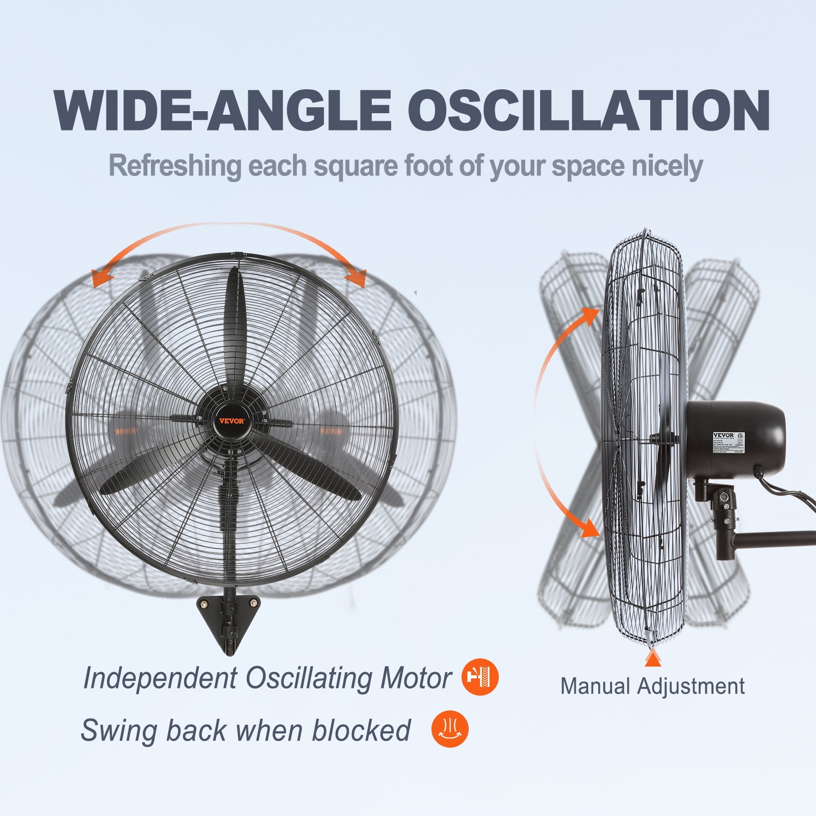 VEVOR Wall-Mount Misting Fan Oscillating Metal Fan 29.5'' 3 Speed Waterproof