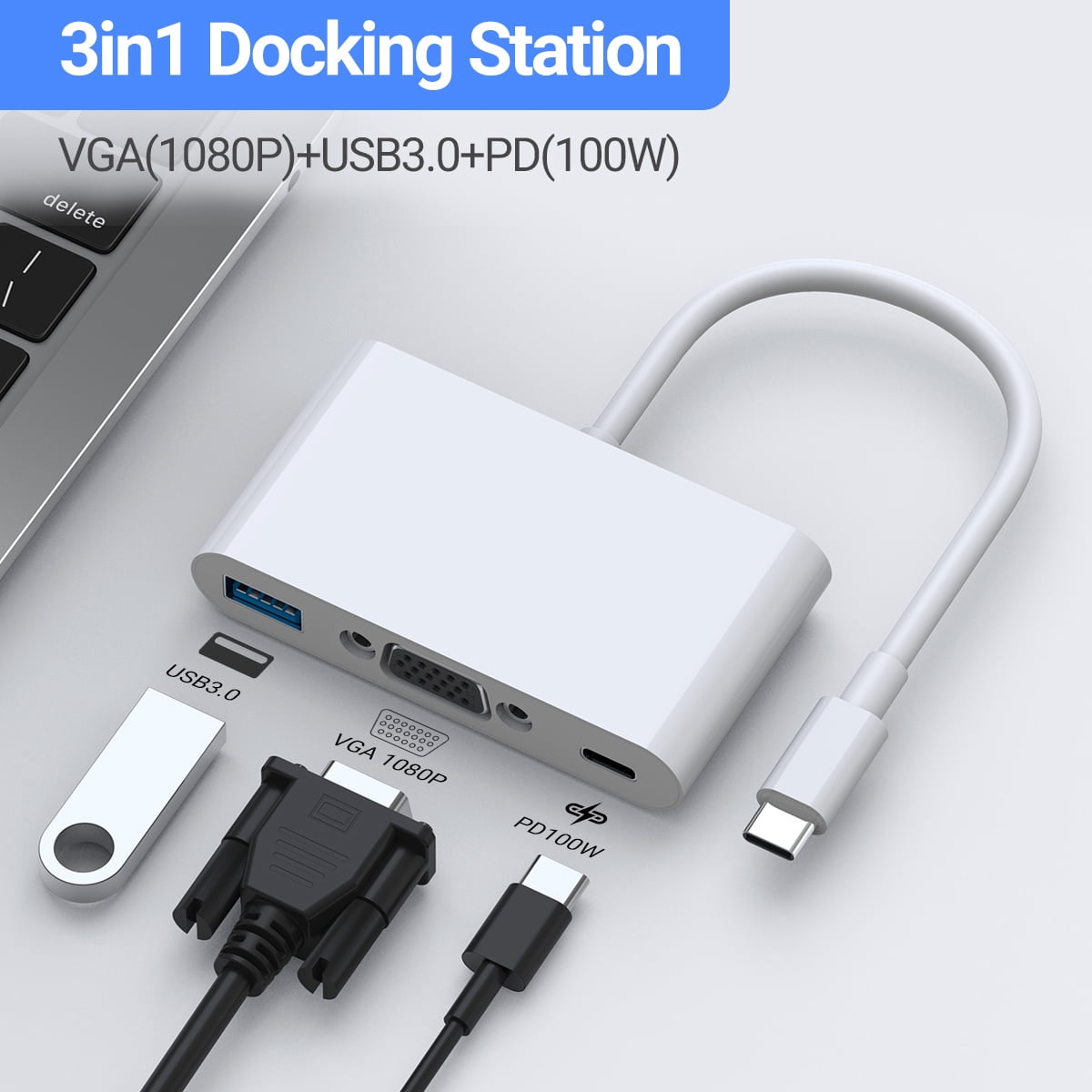 DOONJIEY 3 in 1 USB-C Docking Station Muliti-Port Adapter  Type-C to VGA1080P+PD 100W+USB 3.0(5Gbps) Hub for Samsung Macbook Pro/Air ipad