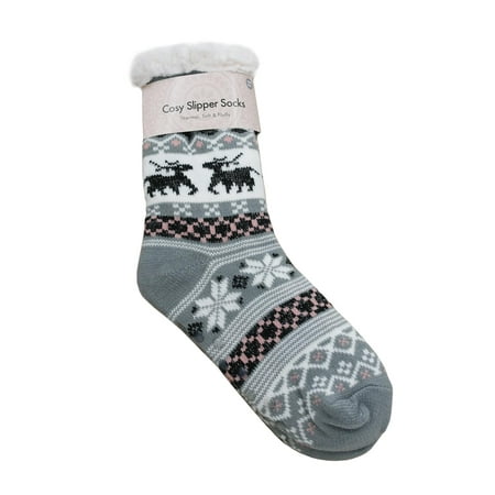 

Ladies Thermal Fleece Lined Reindeer Slipper Socks With Glitter Thread