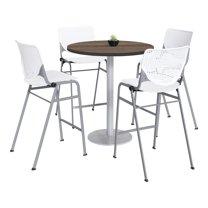 KFI Studios Mode Round 3' Bistro Table Set, Studio Teak, 4 White KOOL Barstools