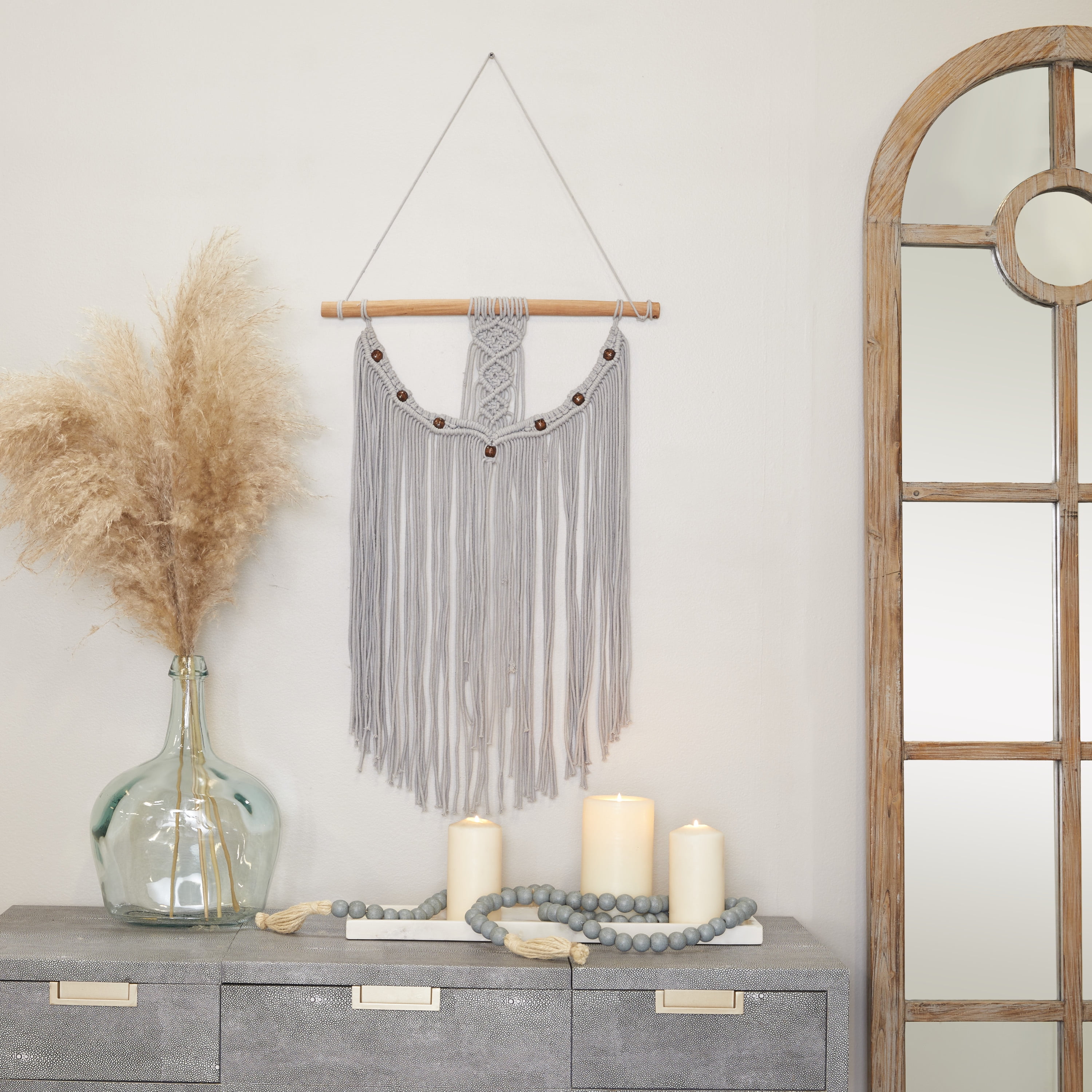 DecMode Gray Cotton Intricately Weaved Macrame Wall Decor with Beaded Fringe Tassels