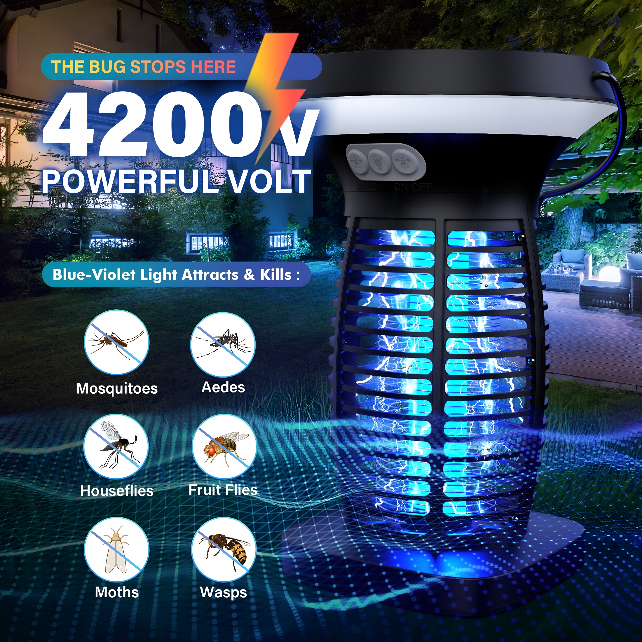 HIBIBUD 2026 New Solar Bug Zapper Outdoor,Waterproof Fly Mosquito Killer Lamp,4200V Electric Trap for Patio,Camping for Garden, Backyard, Porch, Terrace, Campsite 2Pcs