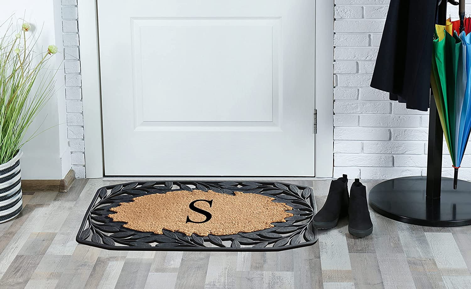 A1 Home Collections Floral Black, Beige, Multi-color Rubber and Coir Doormat for Outdoor Entrance Non Slip Backing Front Door Mat, 23" x 38"