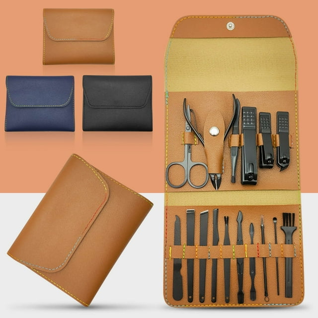 Juego portátil de manicura de acero inoxidable de 16 piezas con estuche de cuero - Kit completo de cortaúñas y tijeras para viajes y uso doméstico