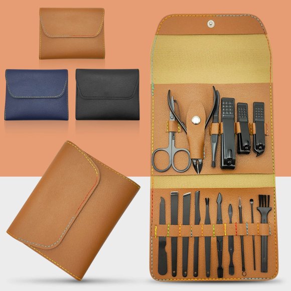 Juego portátil de manicura de acero inoxidable de 16 piezas con estuche de cuero - Kit completo de cortaúñas y tijeras para viajes y uso doméstico