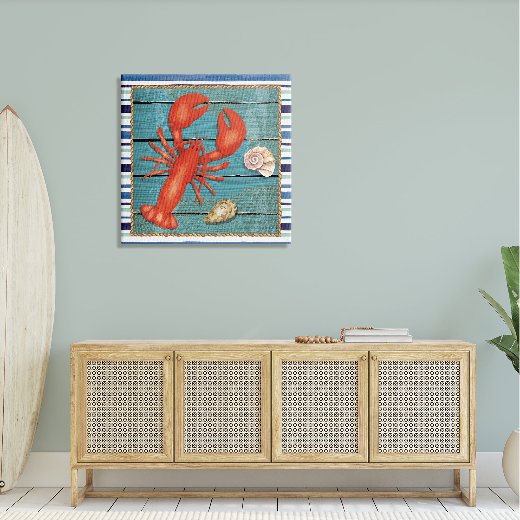 Stupell Lobster & Shells Coastal Stripes Landscape Painting Gallery Wrapped Canvas Print Wall Art
