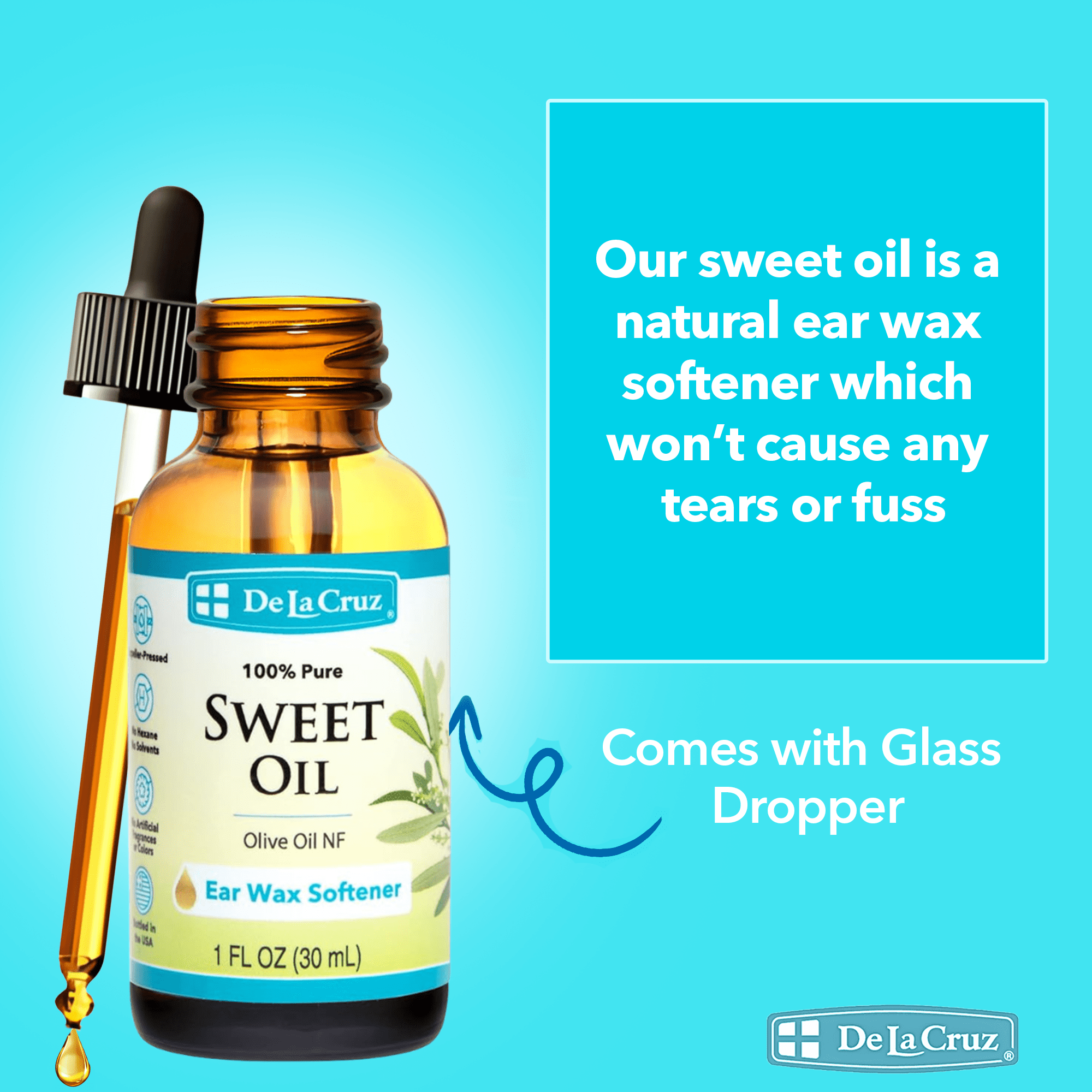 De La Cruz Sweet Oil Ear Drops, Suitable for Adults and Kids, Softening Hard Ear Wax, 1 fl Oz