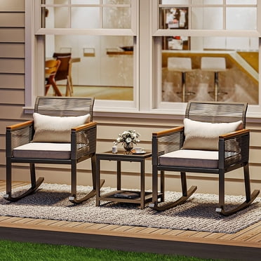 Dextrus 3 Rattan Minimalist Style Outdoor Conversation Sets with Chairs and Table, Black/Light Gray