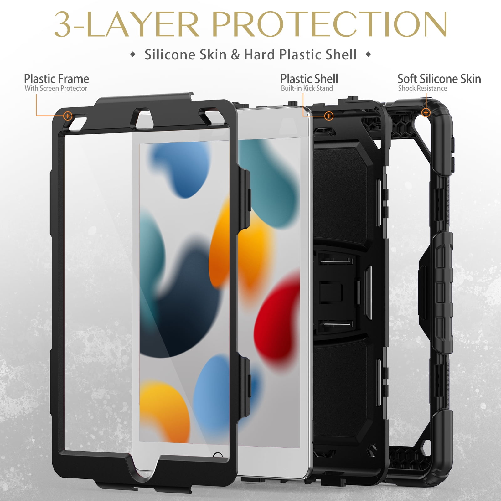 ELEHOLD for iPad Pro 10.5" 2019/2017 Ragged Case, Soft Silicone Hard PC Shoulder Strap Built-Kickstand Anti-Drop Shockproof Heavy Duty Protective Cover Case,Black