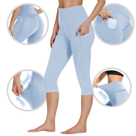 Cagogo Women Plus Size Capri Pants High Waisted Stretch Sporty Workout Trousers with Pockets Casual Lounge Flowy Beach Yoga Leggings, Light Blue XL