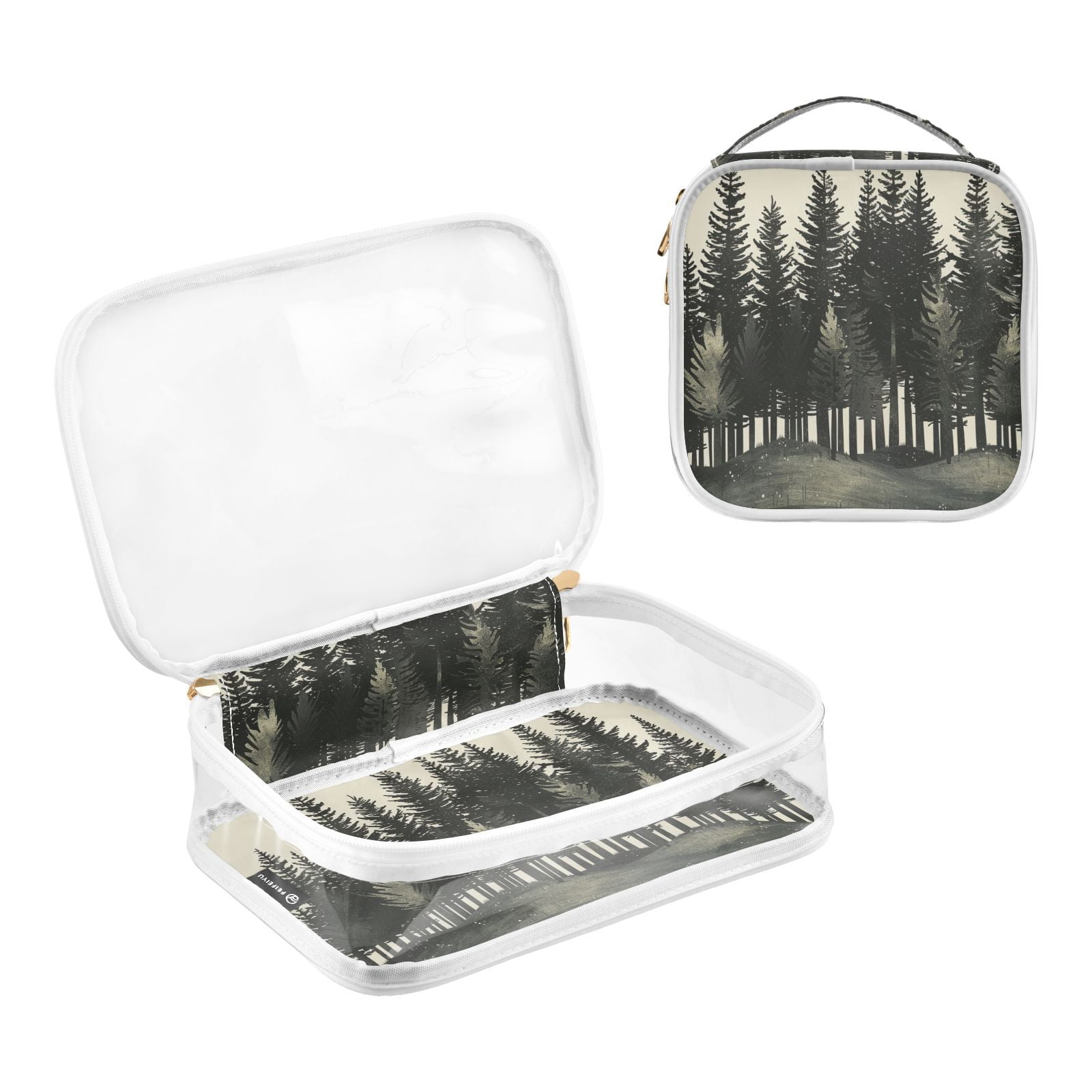 Clear Makeup Bags with Handle Large Opening 2 Pack Set Toiletry Bag Quart Size Bag, for Women Man Traveling Travel Essentials, Toiletries and Other. Hand Drawn Forest