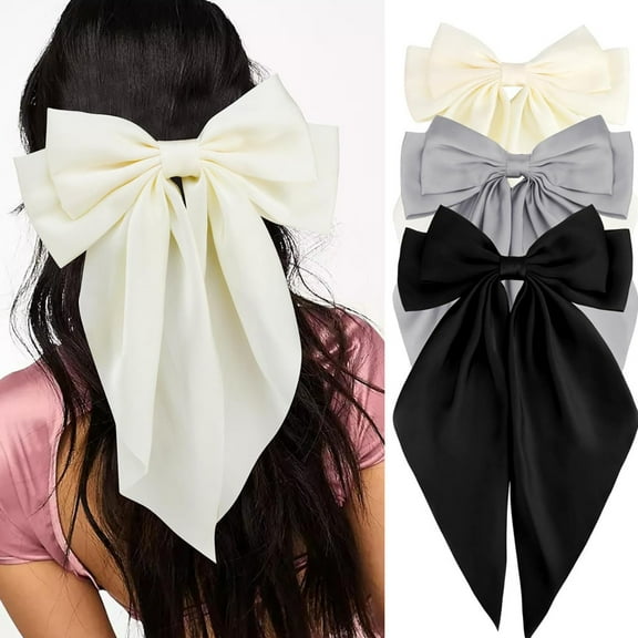 RUseeN Silky Satin Hair Bows 3Pcs Big Hair Bows for Women Hair Ribbons Oversized Long Tail White Black Grey Hair Bow Large Hair Ribbon Barrettes Metal Clips Bowknot Aesthetic Hair Accessories