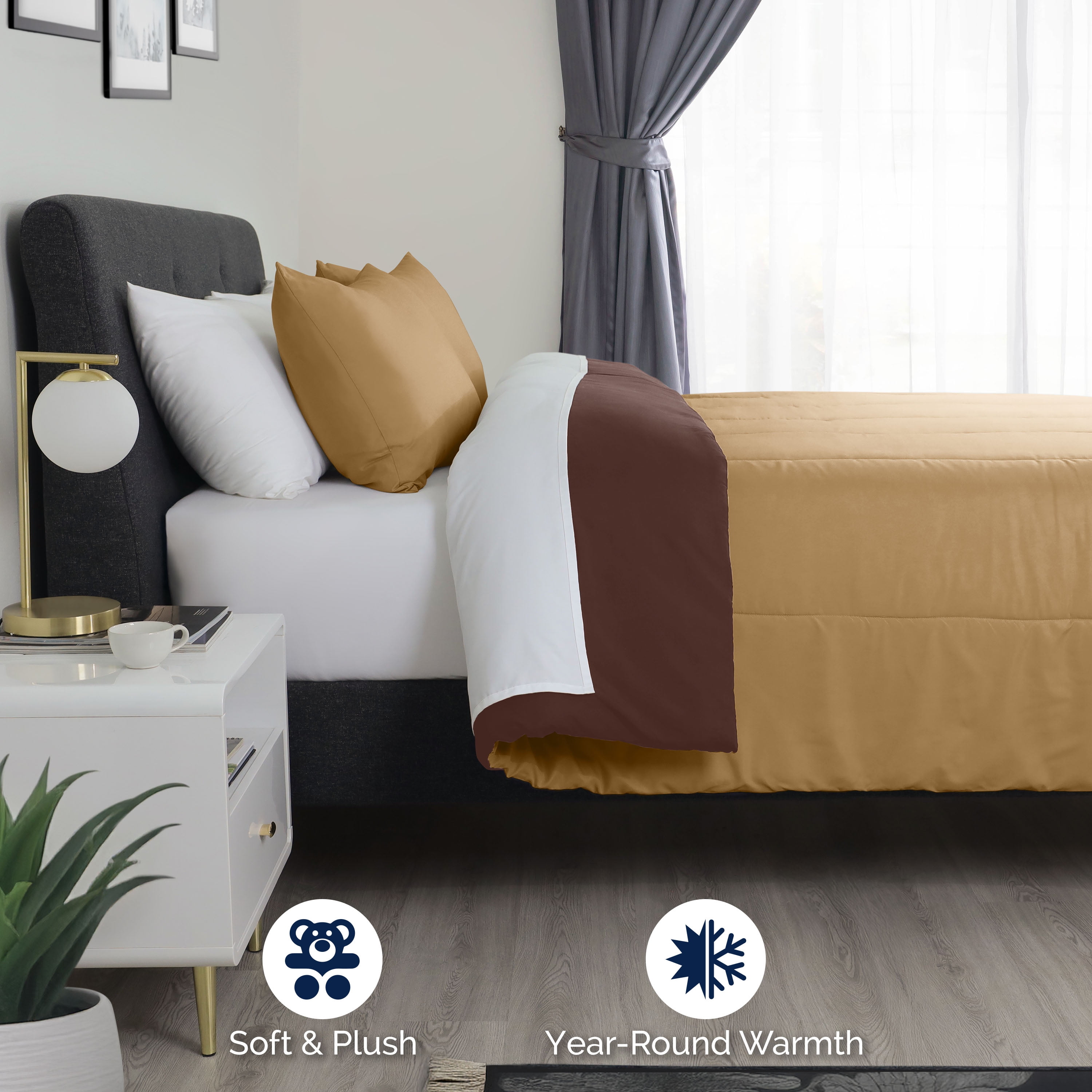 Martex 3-Piece King Reversible Comforter Set | Super Soft Lightweight | Khaki/Chocolate