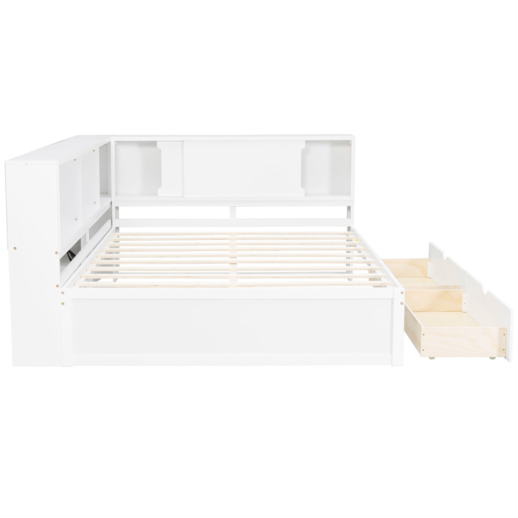 Euroco Wood Queen Size Daybed with Storage Shelves and Drawers, USB Ports and LED Light, White