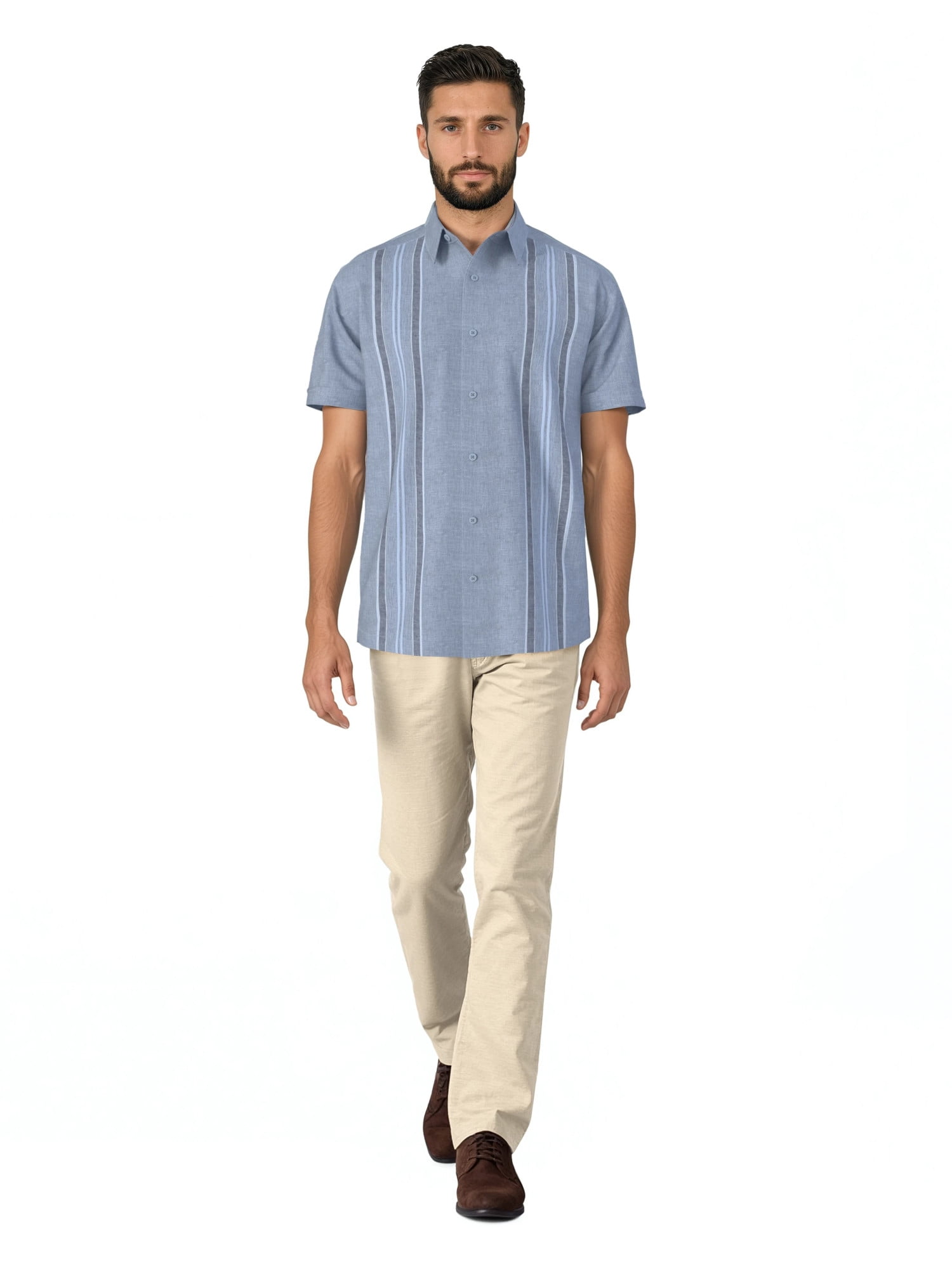 Havanera Men's and Big Men's Yarn Dyed Panels Short Sleeve Linen Cotton Button-Down Shirt, Sizes S-5XL