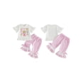 thumbnail image 2 of BemeyourBBs Toddler Baby Girl Back to School Outfits Kids Kindergarten Outfits Baby Girls Spring Summer Fall Clothes Short Sleeve Lace Trim Stationery Print T Shirt Tops Plaid Flared Pants Sets, 2 of 9