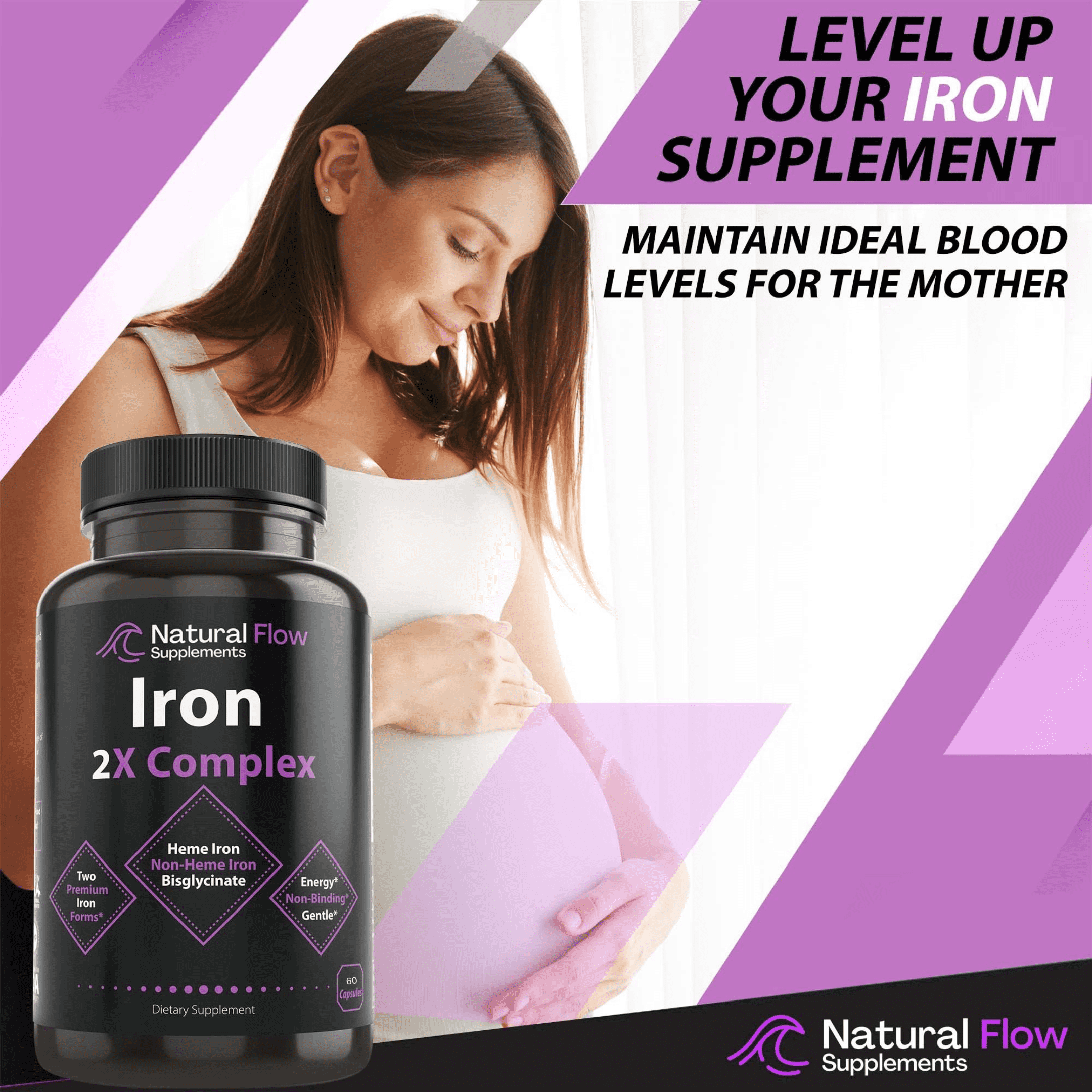Natural Flow Supplements Iron 2-in-1 Premium Complete Complex, 2X Heme and Non-Heme Iron Blend Formula, 60 Caps