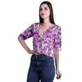 thumbnail image 5 of Moomaya Printed Cotton Top For Womens V-neck Crop Top Elbow Sleeve Summer Blouse T-shirt, 5 of 7