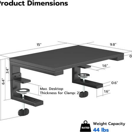 Desk Extender & Monitor Shelf – 15" Space Booster, Freestanding or Clamp Mount, Holds 44 lbs, No Drill Desktop Organizer for Office/Gaming, Black