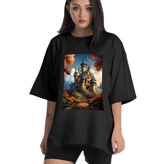 Plus Size Shirt for Women Black Tops for Women Short Sleeves Shirt for Women Castle (31） T Shirt Crewneck Shirt for Women XS