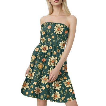 OAMDNDEA Beach Dresses for Women Strapless Floral Print Beach Coverups Summer Sleeveless Dresses Plus Size Trendy Off the Shoulder Boho Dress Beach Vacation Clothes Army Green 2XL