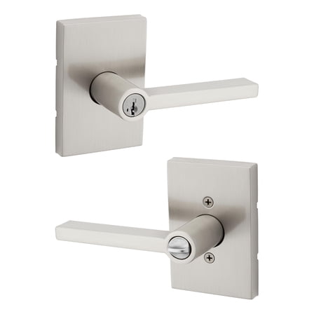 Kwikset Halifax Entry Door Handle with Lock and Key, Secure Keyed Reversible Lever Exterior, for Front Entrance and Bedrooms, Satin Nickel, Pick Resistant Smartkey Rekey Security and Microban
