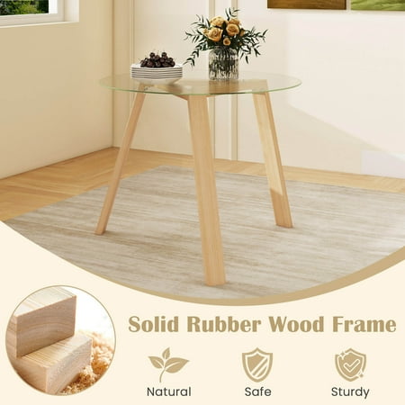Costway 36" Round Glass Dining Table for 4 with Tempered Glass Tabletop Rubber Wood Frame - Natural
