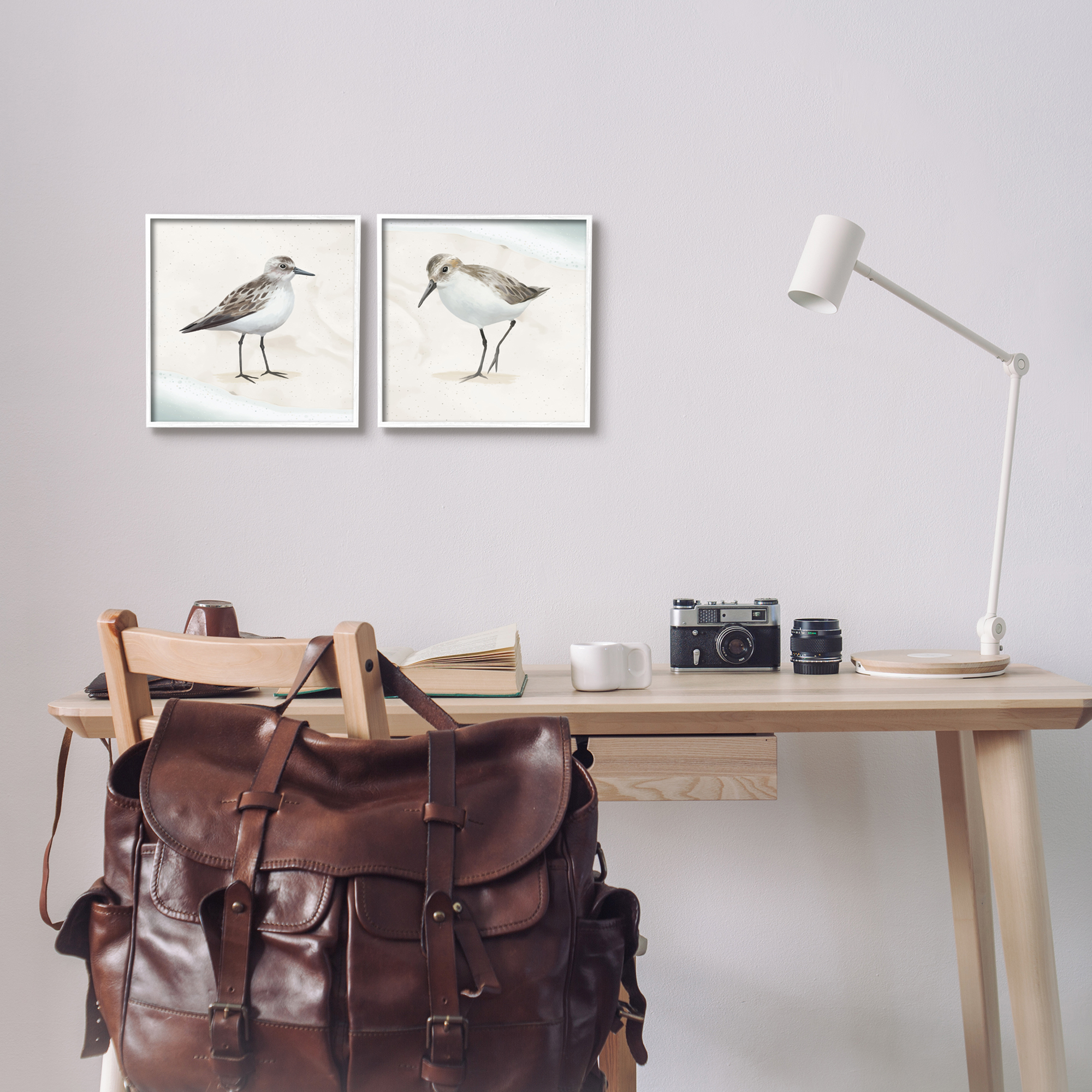Stupell Industries Soothing Sandpiper Bird Stepping Nautical Beach Sand Graphic Art White Framed Art Print Wall Art, Set of 2, Design by Lucca Sheppard