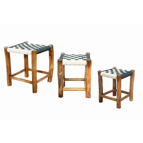 Set of 3 Lyptus Wood Handmade Stool Boho Chic Decorative Sitting Chair for Indoor Outdoor Home, Office Bedroom, Living Room Decor
