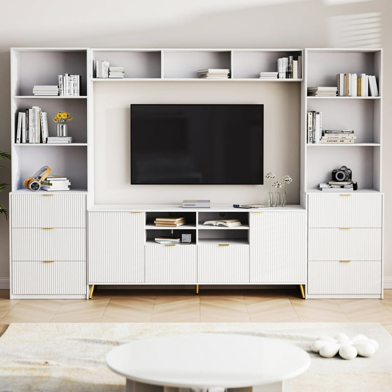 Entertainment Wall Unit Entertainment Center With Bookshelves Multifunctional Tv Stand With 13 Shelves 8 Drawers And 2 Cabinets Fluted Cabinet For