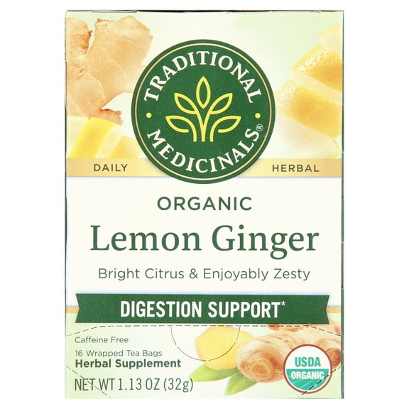 Traditional Medicinals Lemon Ginger Herbal Tea Bags, Caffeine-Free, 16 Count