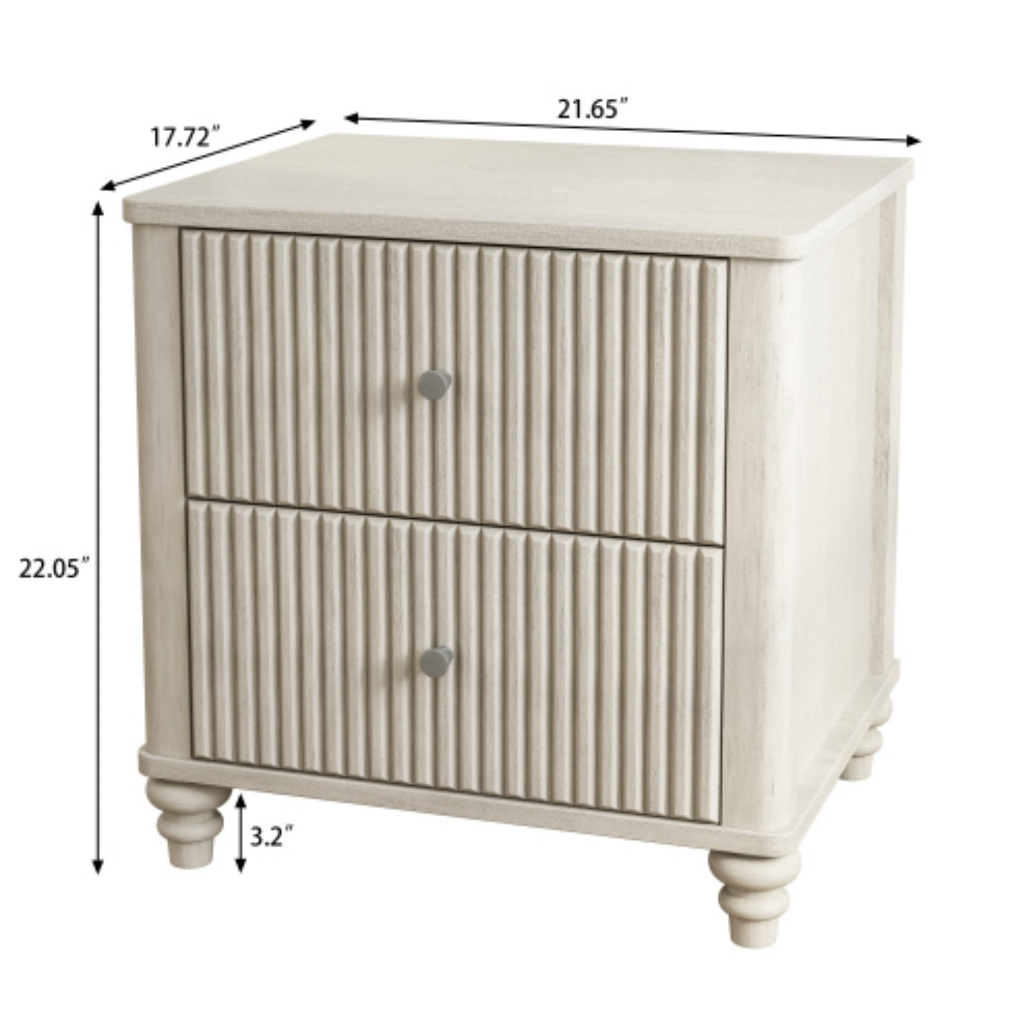 Fluted Nightstand, 21.65" Wide Mid Century Modern Bedside Table with 3 Drawers, Wood Storage End Table with Metal Handles for Bedroom Living Room, Beige
