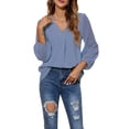 thumbnail image 4 of hirigin Women's Spring Autumn Jacquard Shirt 3/4 Sleeve V Neck Patchwork Chiffon Blouses, 4 of 6