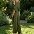 thumbnail image 5 of Women's Solid Color Cotton Linen Jumpsuits Tighten Waist Zipper V Neck Wide Leg One Piece Jumpsuit Loose Flowy Three Quarter Sleeve Rompers with Pockets, 5 of 6