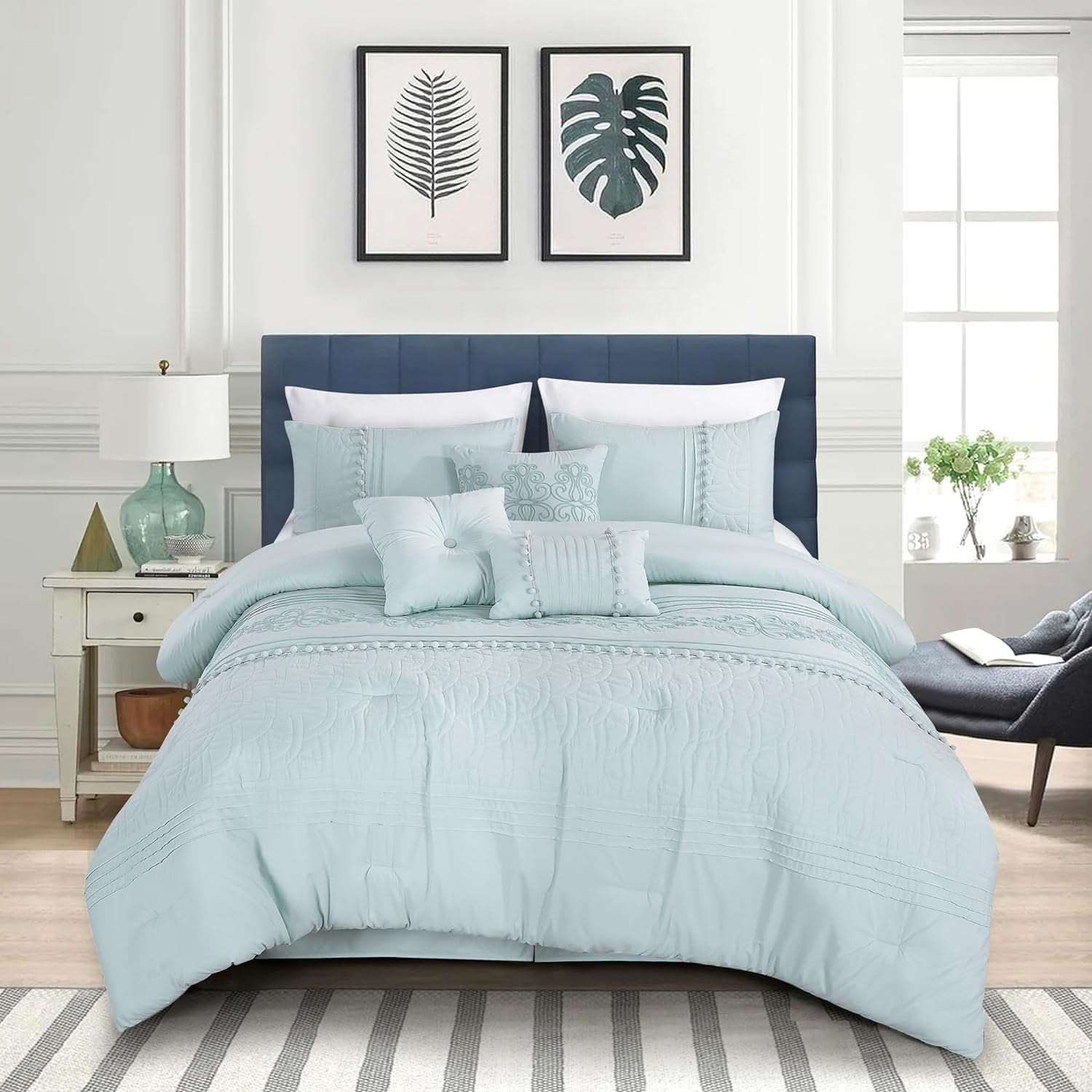 Chezmoi Collection 7-Piece Graceful Pale Blue Floral Chenille Pom Pom Embroidery Comforter Set, Queen