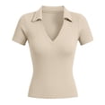 thumbnail image 4 of Daznico Women's Ribbed Knit V Neck Collared Short Sleeve Slim Fit Polo Top Casual Summer,M, 4 of 4