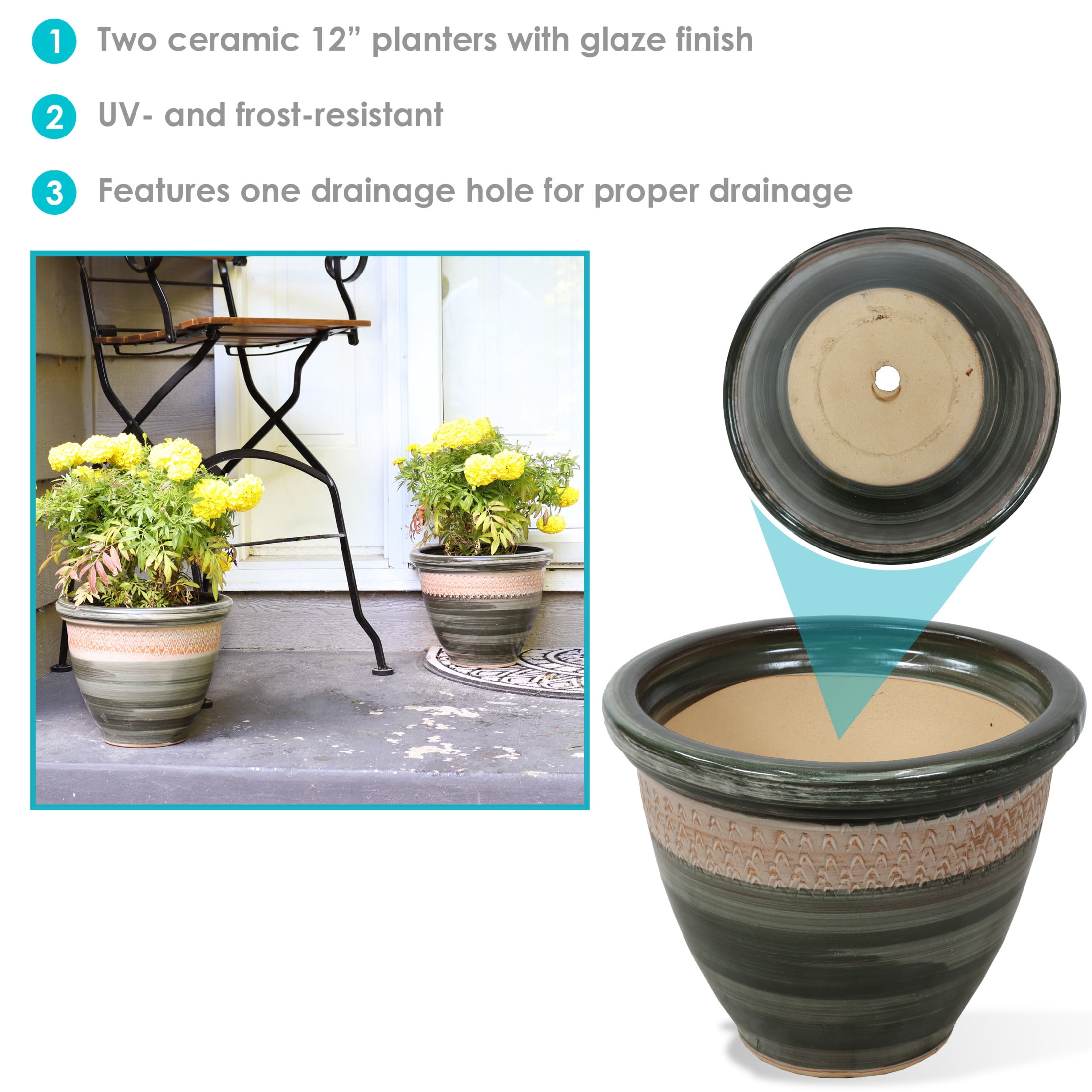 Sunnydaze Purlieu 12" x 12" x 10" Round Tempest Ceramic Outdoor Planter 2-Count