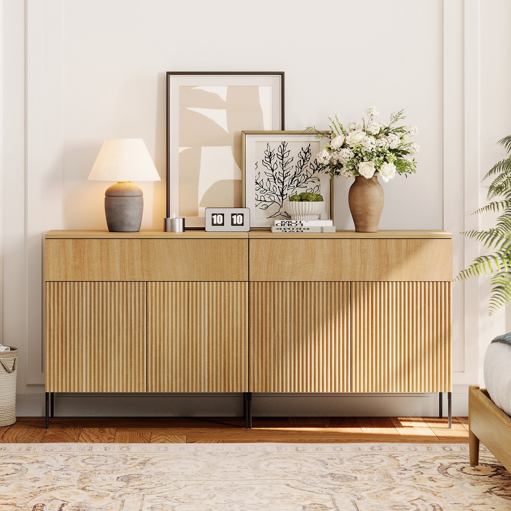 63" Reeded Accent Cabinet Set with 4 Doors and Drawers, Modern Credenza Storage Cabinet with Metal Legs for Living Room, Kitchen, Dining Room, Hallway