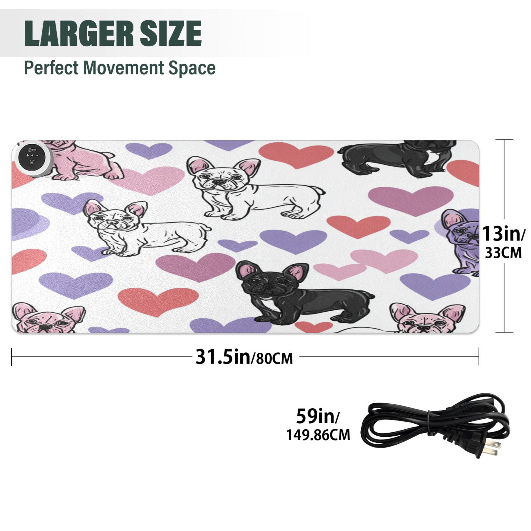 Large Heated Desk Mat Mouse Pad 31.5"x13"PU Leather Graphene Heating Desk Warmer with 3 Temperature Settings 110V US Plug Non-Slip Warm Pad for Home, Office, and Gaming Cute Frenchie Heart Background